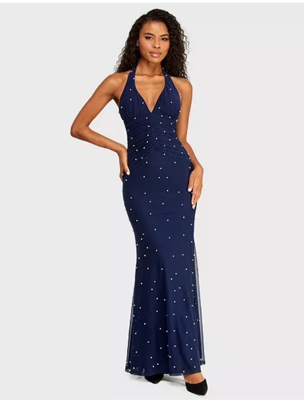 Macy's Navy Pearl-Embellished Halter Evening Gown